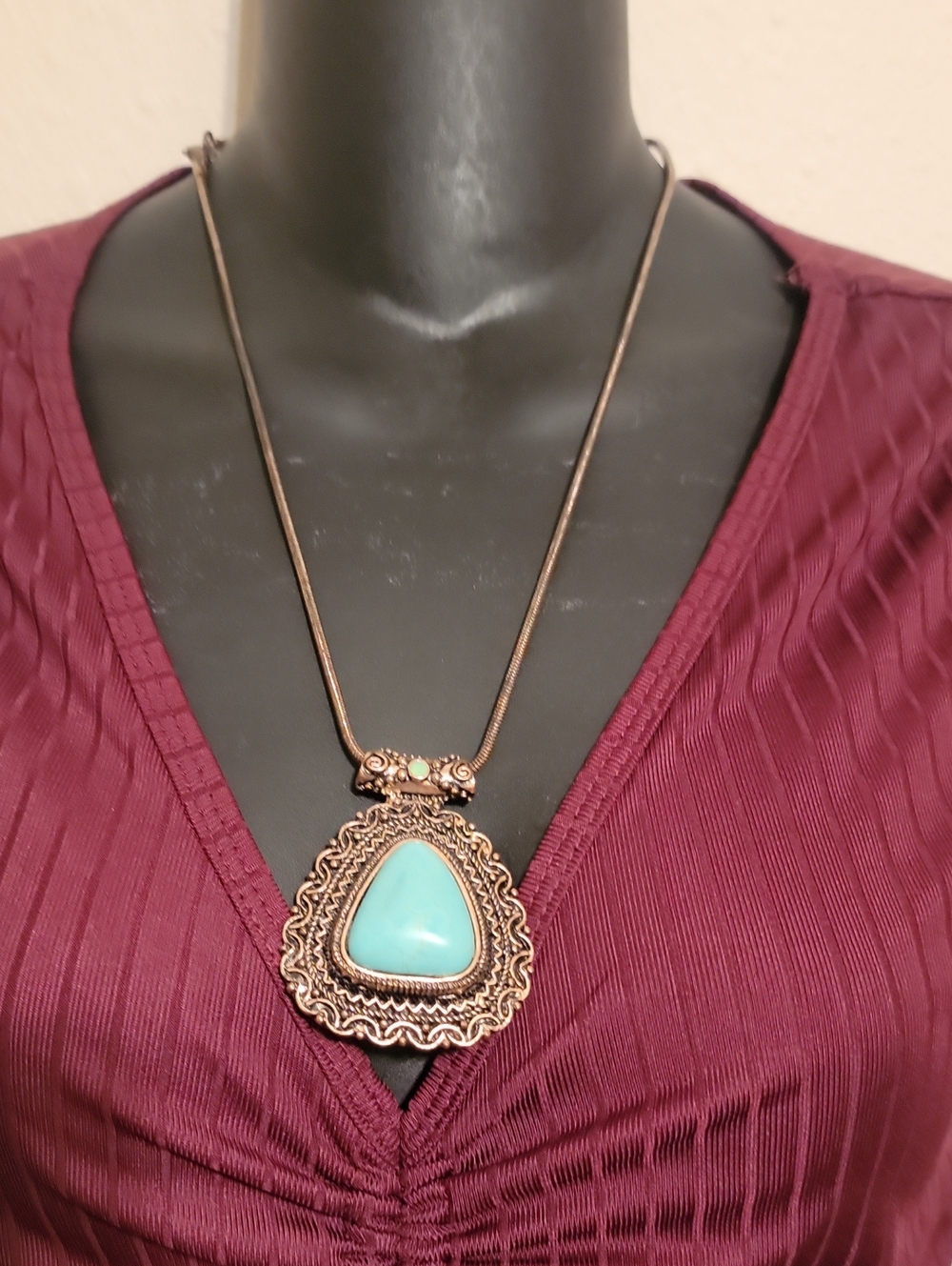 Turquoise Teardrop Pendant Necklace in Antique Gold-Tone
